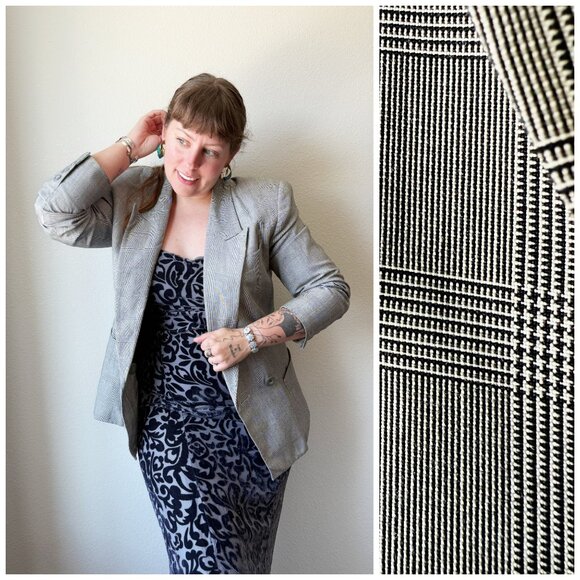 Vintage 90s Sasson Gray Plaid Double-Breasted Blazer - Picture 1 of 9